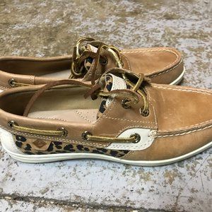 SPERRY Bluefish Gold Leopard Boat Loafer Leather shoes size 5